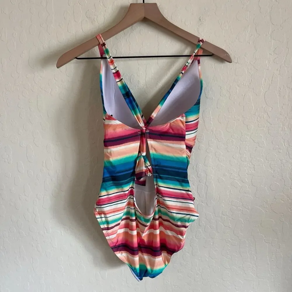 La Blanca Mio One Piece Tie Back Ruched Swimsuit US 10 Colorful Solar Stripe